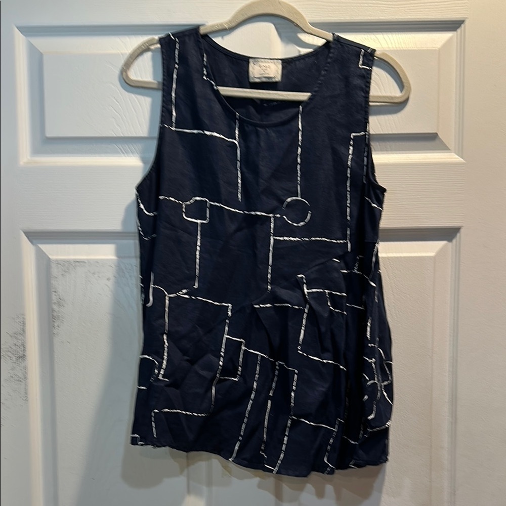 Chalet et Cici Liz Navy Blue Abstract Printed Linen Tank Top M